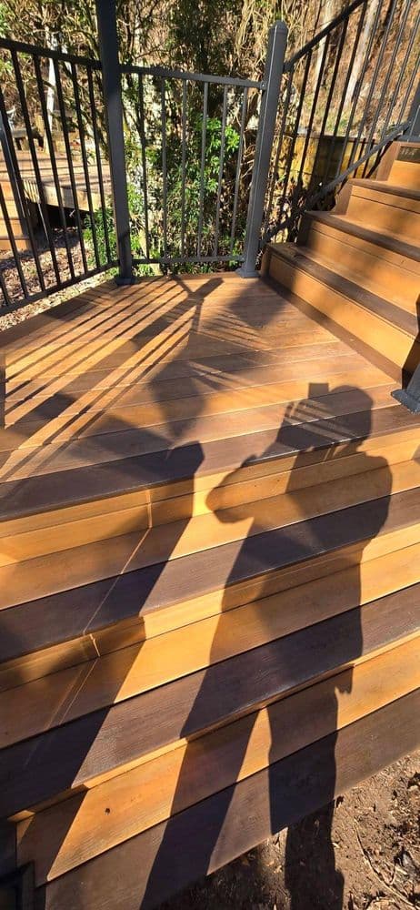 Shadow of a person on wooden stairs with a railing, surrounded by nature.