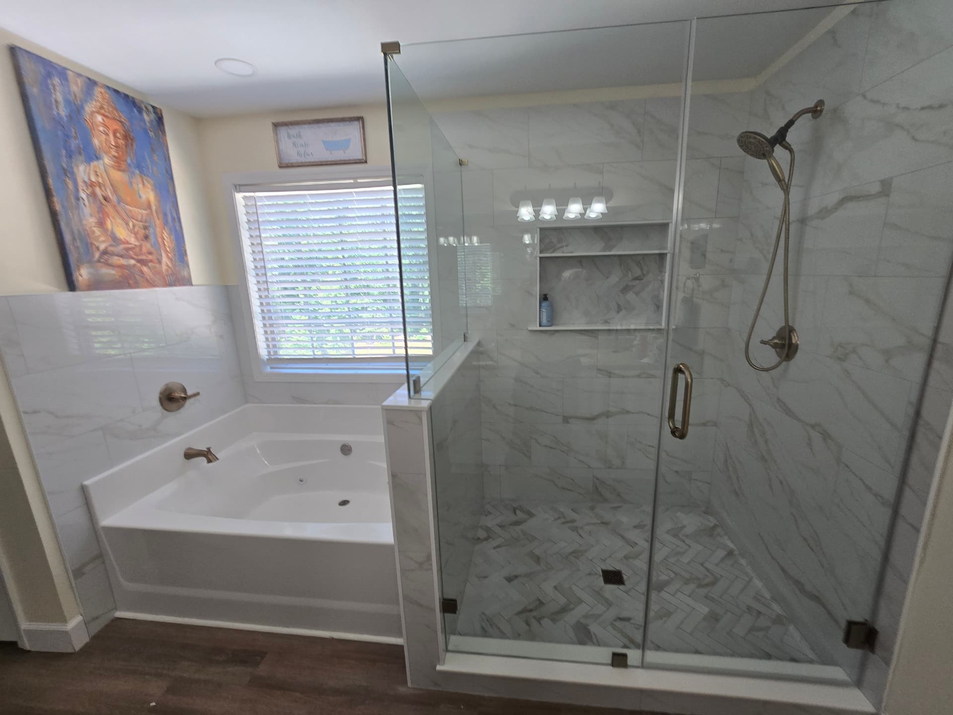 Gallery photos for Shower Renovation with Champagne Bronze Fixtures and Marble Tile: Image #1