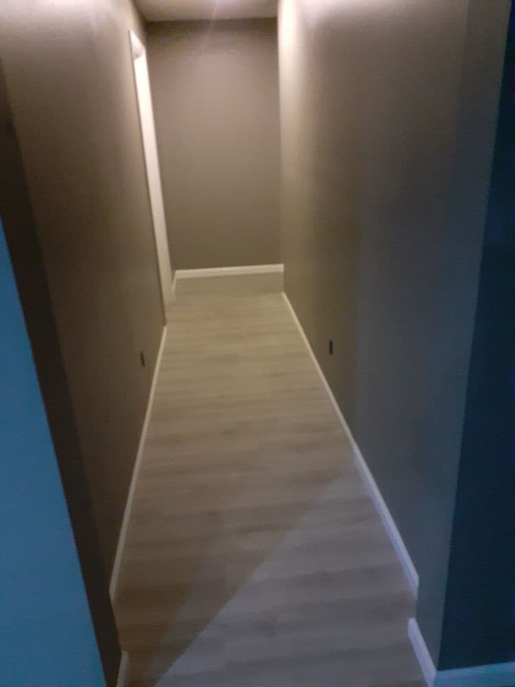 Modern hallway with light gray walls and wood laminate flooring leading to a doorway.