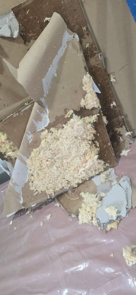 Damaged cardboard with shredded material and debris on a surface.