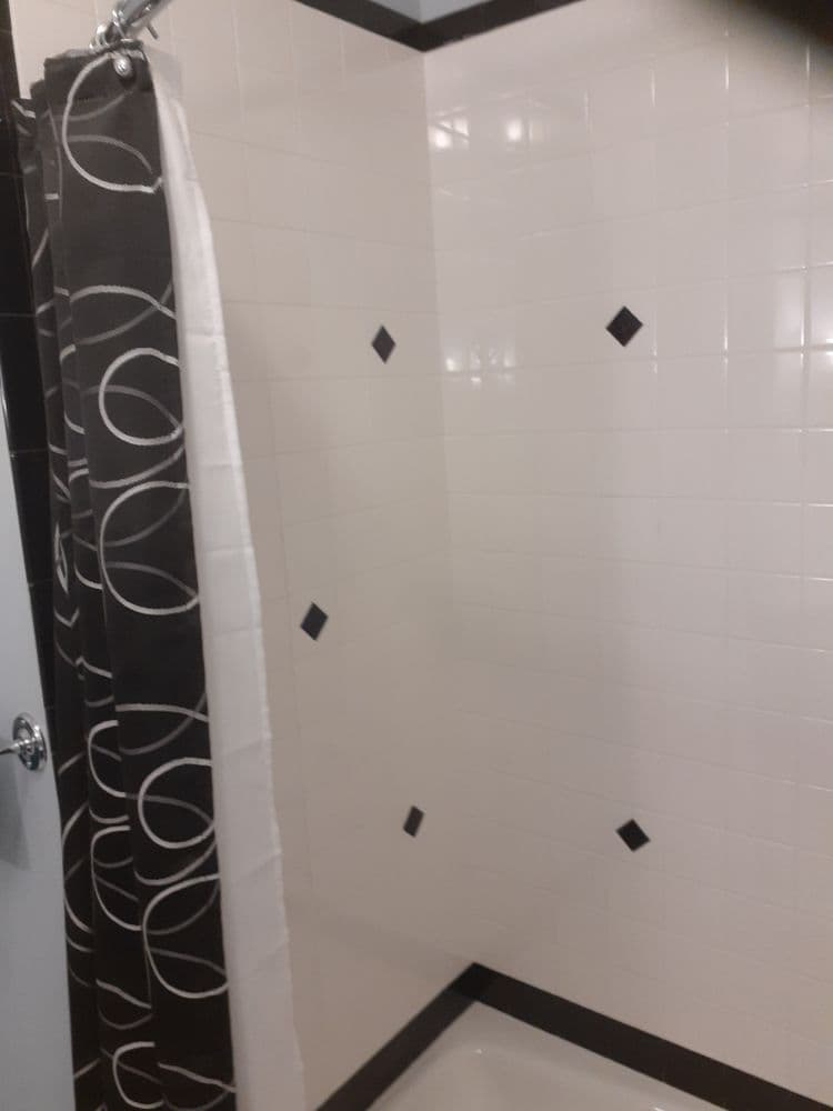 Modern bathroom with black and white tile, featuring a decorative shower curtain and clean design.
