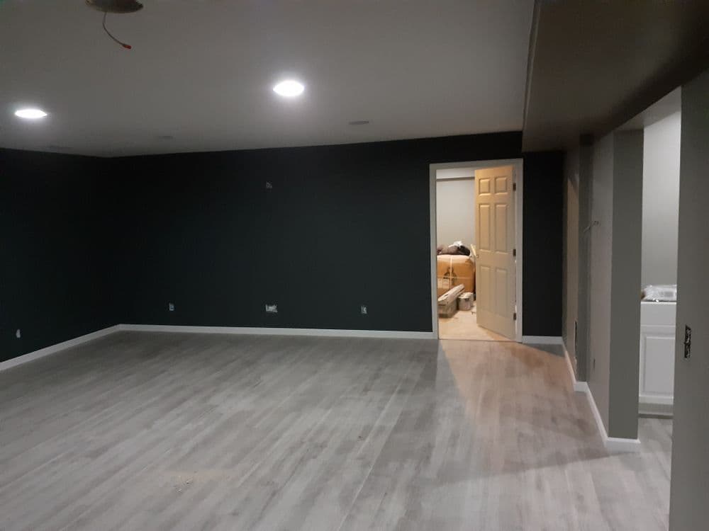 Spacious dark gray living area with modern flooring and doorway to storeroom.